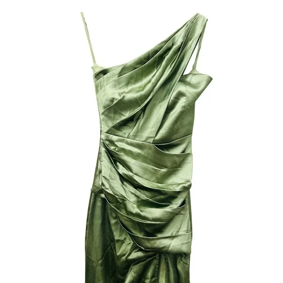 Chicsew Sage Green Satin One Shoulder Gown Bridesmaid Dress Size 0 - Picture 2 of 4